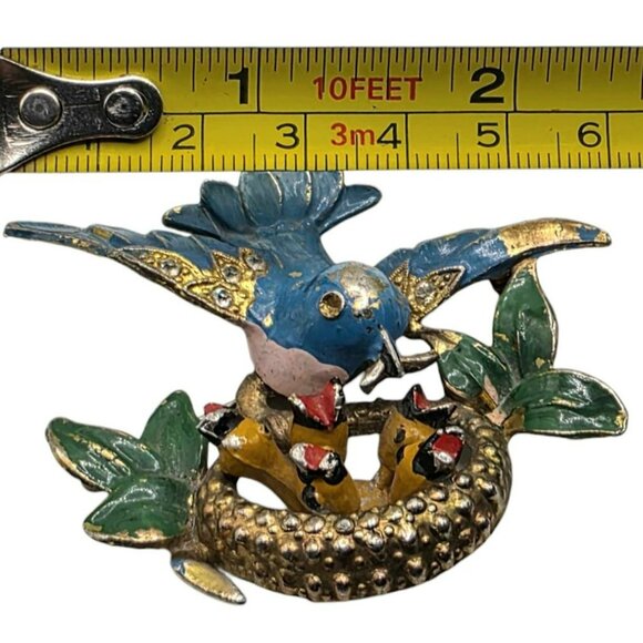Vintage Fred Gray Blue Bird Brooch Nest Baby Birds Rhinestone Gold-Tone Pin USA - Picture 10 of 14